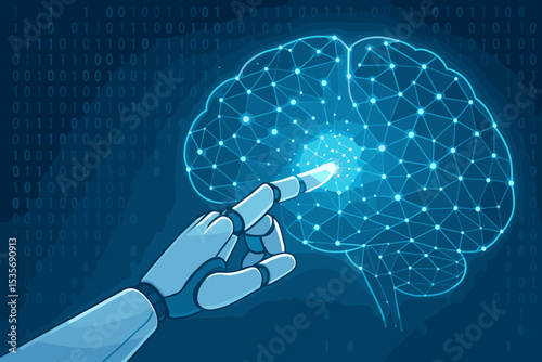 Robot hand touching digital brain. Artificial intelligence, machine learning, deep learning concept. Futuristic technology, neural network, binary code background. AI innovation.