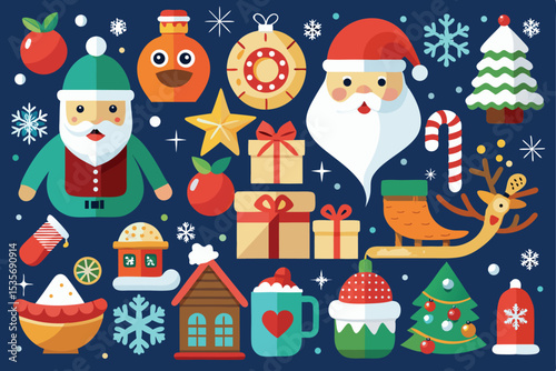 Festive Christmas and Winter Holiday Icons on a Dark Blue Background