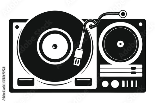 Black and white illustration of a retro vinyl record turntable with a stylized design