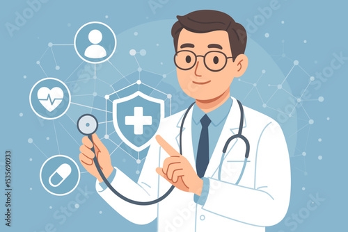 Doctor character with stethoscope presenting health insurance concept. Medical care with digital network icons: patient, cardiology, pharmacy. Telemedicine and healthcare technology.