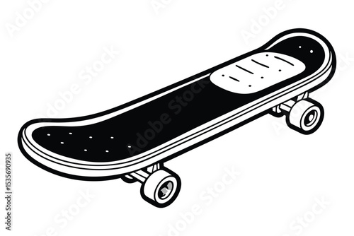 Black and white illustration of a skateboard with detailed design and clear outlines