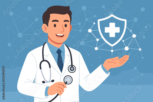 Friendly doctor character with stethoscope presents health insurance shield. Medical protection, online consultation, and healthcare technology concept. Vector for hospital or clinic.