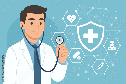 Doctor holding stethoscope with network of medical icons. Healthcare concept with health insurance shield, heart, pills. Modern medicine, telehealth, and online consultation vector.