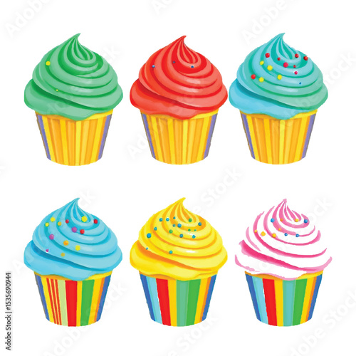 Six colorful cupcakes with swirled frosting and sprinkles