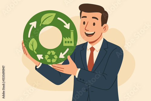 Circular economy concept. Businessman showing sustainable business model. Green industry, recycling process, environmental responsibility. Corporate social strategy vector illustration.