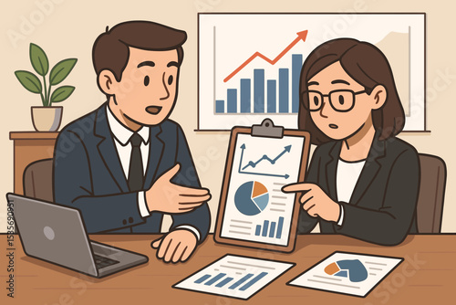 Business colleagues analyzing financial data report. Man and woman in meeting discussing investment strategy with charts and graphs. Teamwork, growth, and market analysis concept.