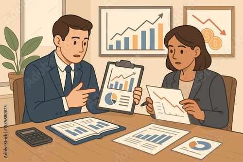 Investors analyzing financial data report with graphs and charts. Business team in office meeting discussing market strategy, investment profit, loss, and economic analysis.
