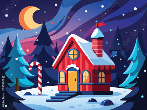 Whimsical Winter Cabin Scene with Candy Cane and Snowy Landscape Illustration