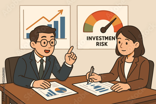 Financial advisors discussing investment strategy. Business people analyzing market data with growth charts and high risk meter. Stock market portfolio management and risk assessment concept.