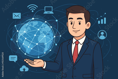 Businessman presenting a global digital network. Concept for internet technology, worldwide communication, big data analytics, cloud computing, and modern corporate strategy. Vector.