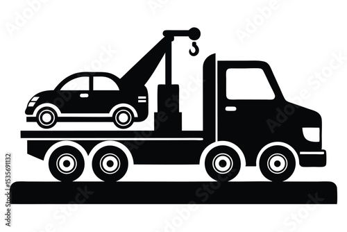 Black and white silhouette of a tow truck carrying a car on a transportation vehicle