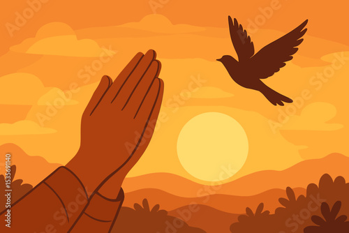 Praying hands and flying dove silhouette. Concept of religion, faith, hope, peace, and spirituality. Worship background with sunset or sunrise. Christian symbol of freedom and prayer.