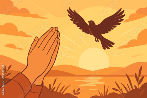 Praying hands and a flying dove at sunset. Concept of faith, hope, religion, and spirituality. Christian worship scene with a bird symbolizing peace and the holy spirit. Gratitude.