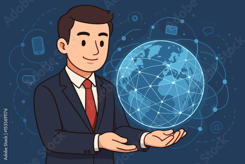Businessman holding a glowing digital Earth. Concept of global networking, internet technology, and worldwide communication. International business connection and data exchange cartoon.