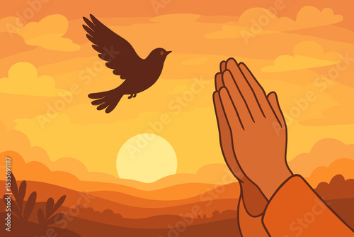 Praying hands with flying dove silhouette at sunset. Religious concept of faith, hope, and peace. Spiritual prayer to God, holy spirit symbol. Vector background illustration.