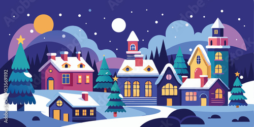 Charming Christmas Village Illustration with Snow Covered Houses and Festive Trees