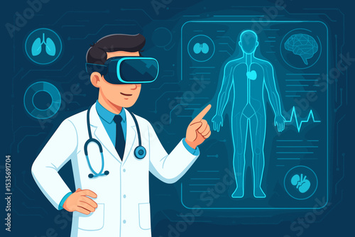 Doctor wearing virtual reality headset analyzing human body on futuristic interface. Medical technology for diagnosis. Healthcare professional in metaverse studying anatomy. VR surgery.