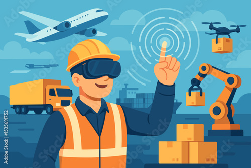 Futuristic logistics and supply chain management concept. Worker in VR headset managing automated delivery with robotic arm, drone, truck, and airplane. Global transport and distribution.