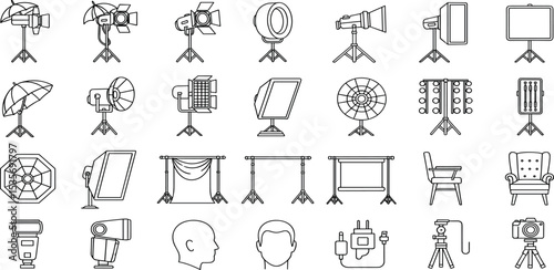 Photography Studio Equipment Vector Icon Set – Flashes, Lighting, Softbox, Tripod, Background, Product Photography Table, Studio Flash, Reflector, Lightbox, Cable, Photography Accessories