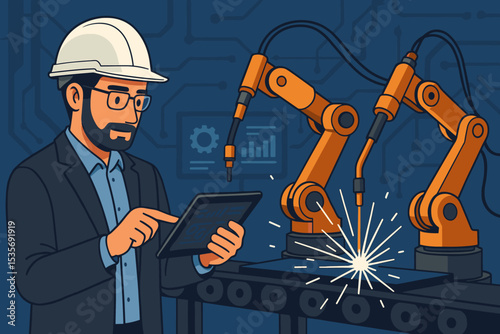 Engineer using tablet to control robotic arms on a factory conveyor belt. Smart manufacturing, Industry 4.0 automation concept. Industrial robot welder on assembly line. Vector.