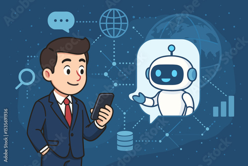 AI Chatbot for business. Businessman holding phone chatting with virtual assistant robot. Artificial intelligence customer service and support concept. Future technology illustration.