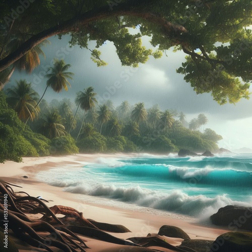 Quartz sand beach on Cocos Island completely deserted emerald ju