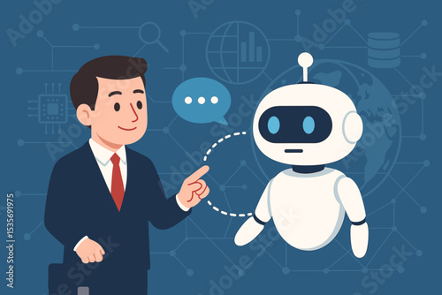 AI and business concept. Businessman talks to robot chatbot. Artificial intelligence, automation, machine learning for corporate solutions and data analysis. Future tech support.