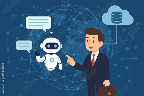 Businessman interacting with AI chatbot assistant for customer support. Artificial intelligence, business automation, global network, and cloud database technology vector concept.