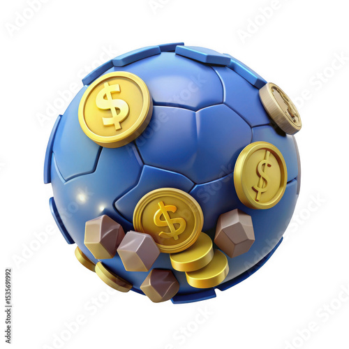 Blue soccer ball with gold coins isolated on transparent background