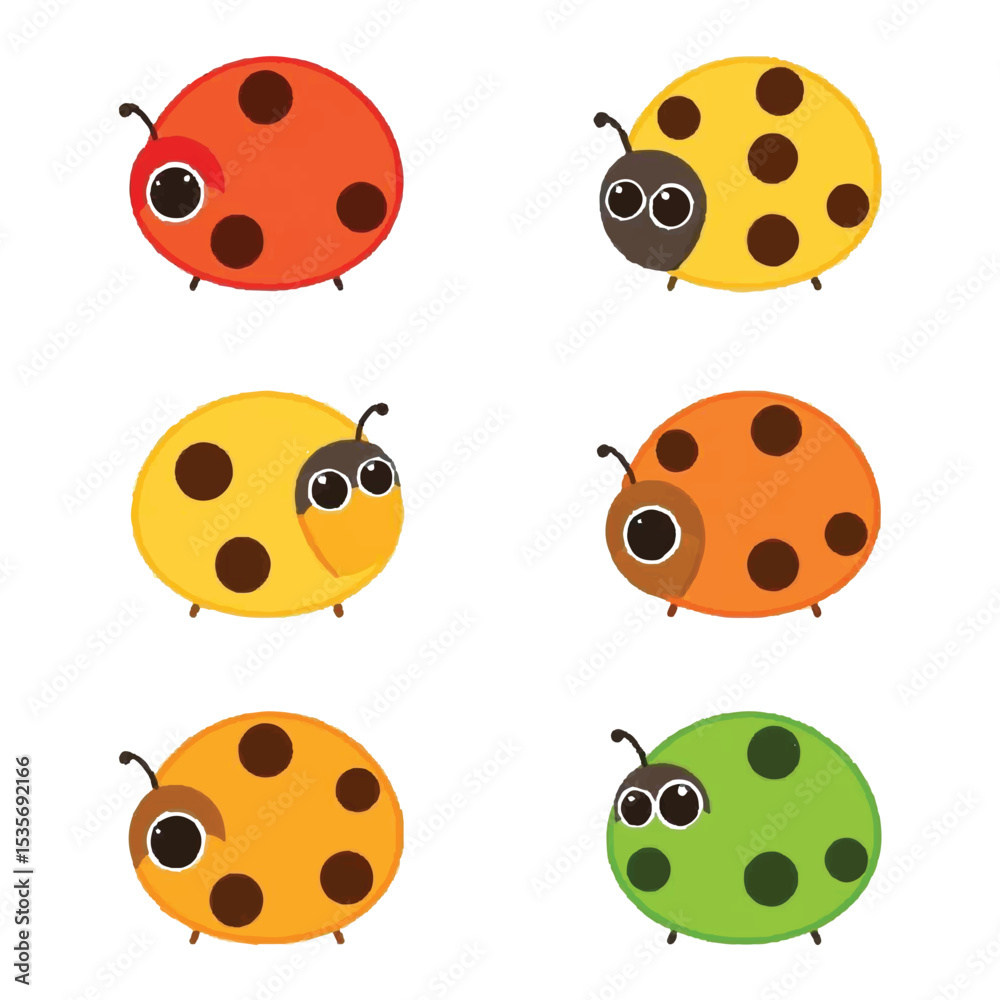 Obraz premium Six cute cartoon ladybugs in various colors on white background