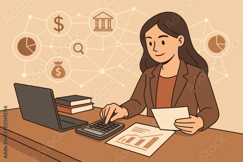 Financial analysis concept with businesswoman at desk. Accountant calculating budget with calculator and laptop. Vector for banking, investment, audit, and corporate finance.