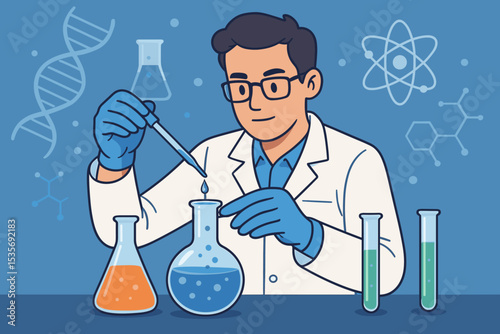 Scientist conducting research in a lab. Male chemist or biologist doing experiment with pipette, flasks, and test tubes. Concept of scientific discovery, analysis, DNA, molecular chemistry.
