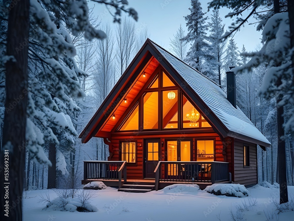 A scandinavian wooden cabin in a snowy forest. A scandinavian wooden cabin in a snowy forest.
