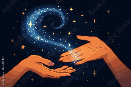 Magical stardust touch vector illustration. Hands creating a swirl of cosmic energy and stars. Mystical concept of creation, spirituality, miracles, and divine inspiration.