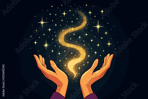 Hands holding magical golden stardust. Miracle concept of hope, faith and love. Magic light in woman hands. Fantasy illustration of divine energy, power and spirituality. Vector.