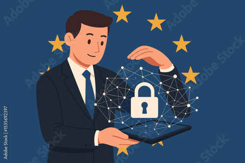 GDPR concept illustration with businessman protecting digital data. European Union flag background. Cybersecurity, privacy, and information security with network and padlock icon.