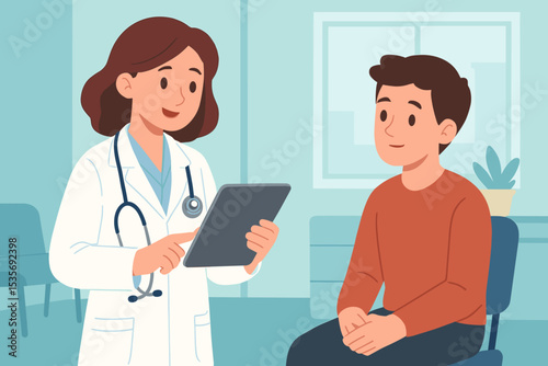 Doctor with patient in hospital office. Female physician with stethoscope explaining health results to a young man on a digital tablet. Medical consultation and healthcare vector.