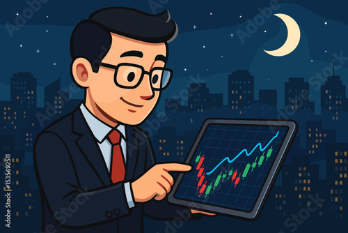 Businessman investor analyzing stock market chart on tablet at night. Successful trader broker with financial candlestick graph showing growth, profit, success. Finance trading concept.