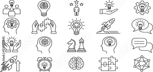 Creative Thinking Vector Icon Set Adjustable Line Weight Idea, brainstorm, innovation, strategy, teamwork, creativity, puzzle, chess, rocket, alarm, brain, network, conversation, light bulb icons