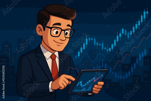 Businessman analyzing stock market data on tablet. Financial trader or investor monitoring growth chart. Forex trading, crypto investment success concept with city at night. Vector.