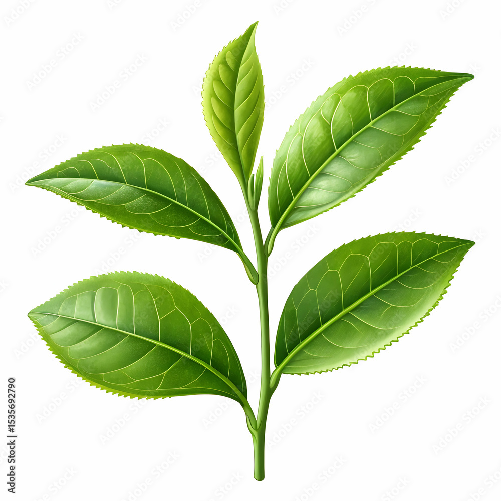 Fototapeta premium Green tea leaf fresh and organic isolated on transparent background for herbal natural product design 