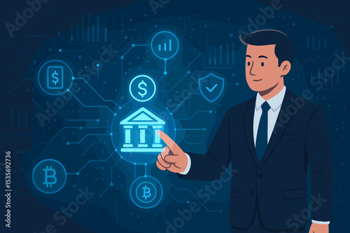 Digital banking and fintech concept. Businessman managing finances on a futuristic interface with icons for online payments, cryptocurrency, security, and data analysis.