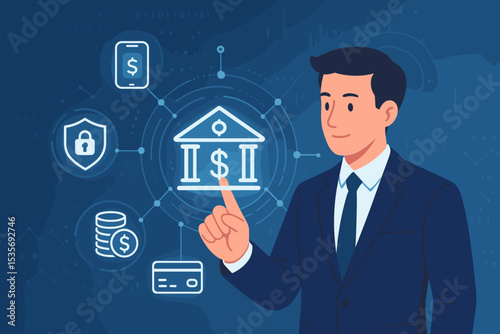 Digital banking and fintech innovation. Businessman touching a virtual screen with financial icons. Online payment, secure transaction, mobile banking, and investment management concept.