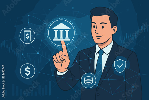 Digital banking and fintech concept. Businessman using a virtual interface for online payments, mobile banking, and secure transactions. Financial technology and investment illustration.