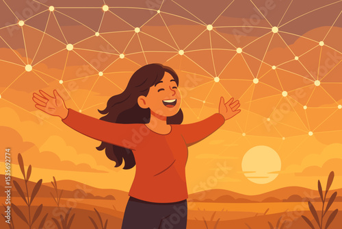 Happy woman with open arms embraces freedom under a glowing global network. Concept for smart living, digital connection, mental well-being, gratitude, hope, and positive future.