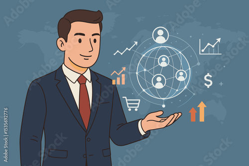 Businessman managing a global network. International business concept with financial growth charts, data analytics, and e-commerce icons. Digital technology and connectivity.