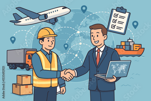 Logistics and supply chain management concept. Businessman and worker shaking hands. Global shipping and freight transport agreement. International trade deal with world map vector.