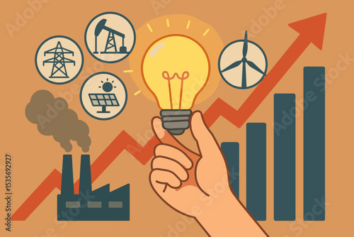 Energy transition concept with renewable and fossil fuel icons. Hand holding lightbulb idea for sustainable power. Solar, wind, oil, pollution, and growth chart illustration.