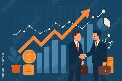 Business partnership concept with businessmen shaking hands. Successful deal and financial collaboration illustration. Investment growth with upward chart, arrow, and money coins.
