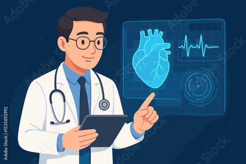 Doctor cardiologist using tablet for futuristic heart analysis on holographic screen. Medical technology concept. EKG heartbeat monitoring, digital health innovation, virtual diagnosis.